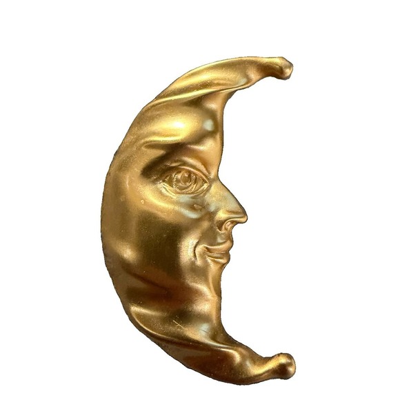 Crescent Jewelry - Vintage Gold Tone Man in the Moon Brooch Crescent Face Celestial Statement Pin